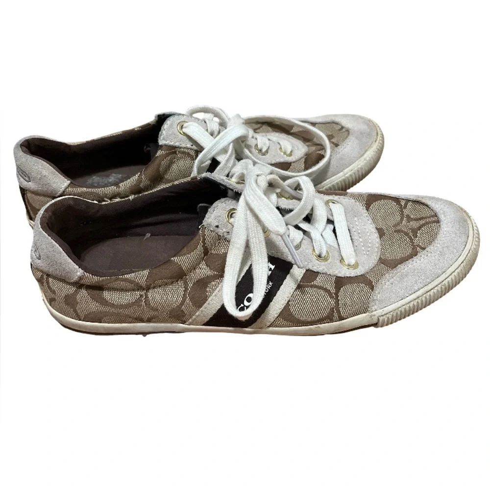 COACH Womens Size 8 Brown Signature C Lace Up Sneakers Logo Shoes - Picture 2 of 5